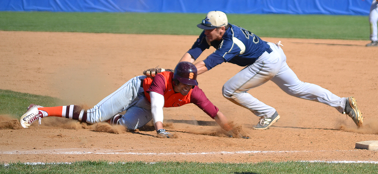 Senior first baseman Anthony Lombardo picks off a Susquehanna baserunner in game one of Saturday's doubleheader.