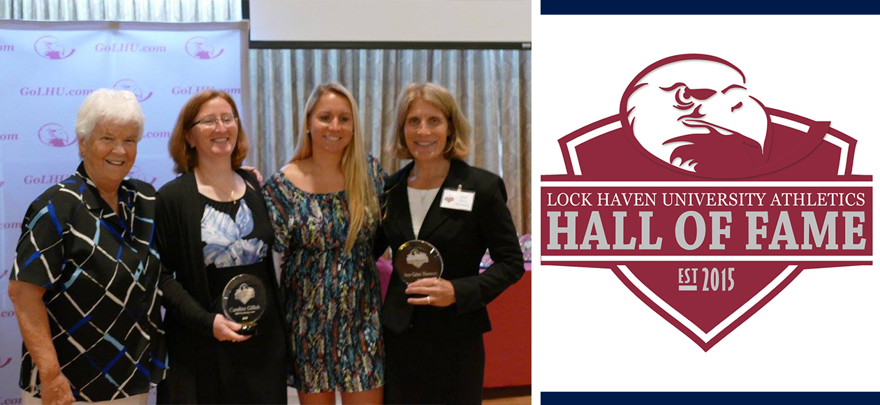 Juniata field hockey head coach Caroline Gillich, Kortney Showers '14 and Ann (Grim) Showers celebrate the induction of Gillich and Ann Showers into the Lock Haven University Hall of Fame June 5.