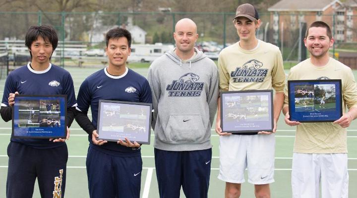 Head Coach Jason Cohen poses with Sho Sato, Clarence Yeung, Sam Brumbaugh, and Kyle Salage