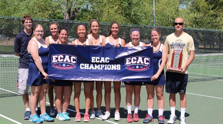 ECAC Champions, the Juniata College Eagles, show off their banner and trophy following a 5-0 victory over Drew.