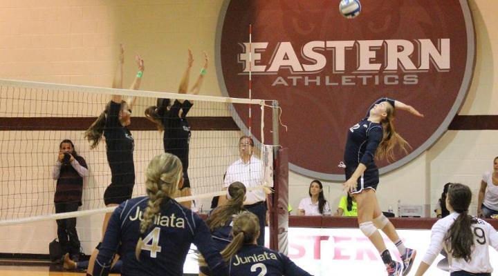 Senior Kristin Collins goes up for the kill against No. 12 Eastern.